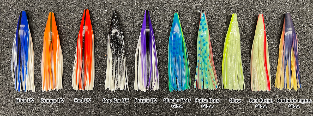 Squid Skirt Hoochie Lure - Neon Green and Silver Sparkle with Yellow Stripe