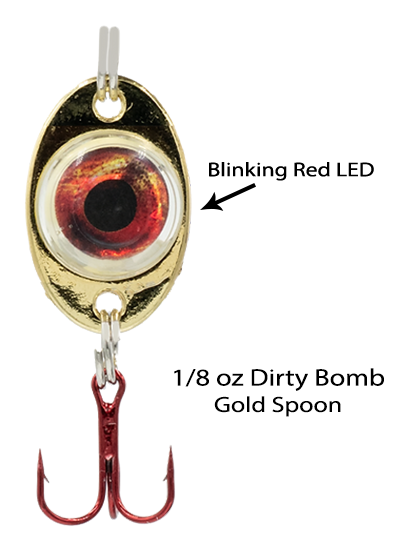 blood red light fishing lure Fish Daddy Dirty Bomb Spoon, 1/8oz. / Gold / Red Blinking LED